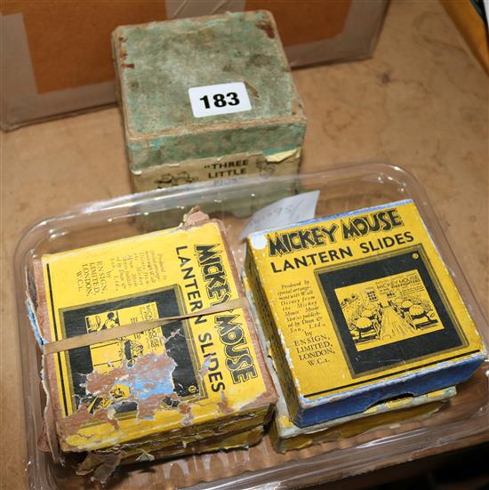 4 boxed Mickey Mouse lantern slides, pre War & box of coloured slides - 3 Little Pigs